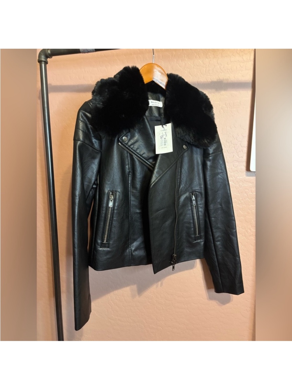 Blank NYC Black Faux Fur Collar Moto Leather Jacket